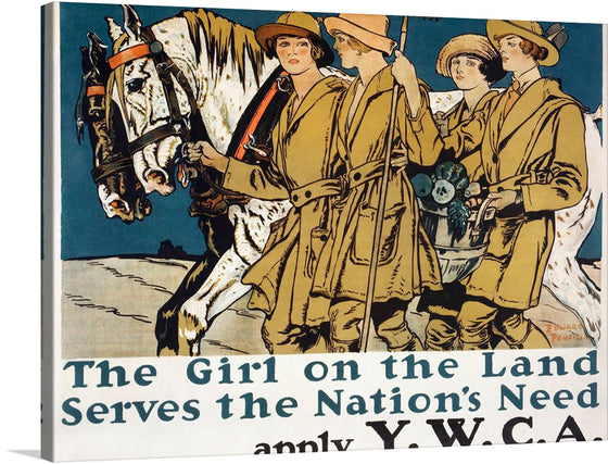 “The Girl on the Land Serves the Nation’s Need (1918)” by Edward Penfield is a captivating glimpse into a pivotal moment in history. In this exquisite print, three figures stand united, their faces obscured—a testament to collective strength and unwavering spirit. The central figure holds the reins of a horse, symbolizing resilience and determination. 