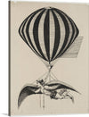 This captivating vintage artwork transports us to a time of daring feats and boundless wonder. Against a plain, off-white backdrop, an aerialist defies gravity, wings securely fastened to his shoulders and feet. Suspended from a striped balloon, he embodies the spirit of adventure and flight.
