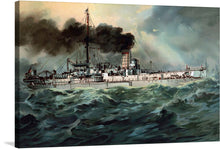  “S.M. Linienschiff Baden” is a captivating artwork that captures the majesty of a historical battleship navigating through turbulent waters. The ship is detailed with various elements including cannons, masts, and smokestacks emitting dark smoke. The ocean waves are depicted as tumultuous and powerful, painted in deep shades of green and white highlights indicating movement. 