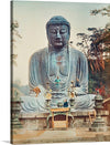 Immerse yourself in the tranquility and majesty of this captivating print featuring the Great Buddha of Kamakura. This bronze statue, a testament to the artistry of the 13th century, stands serene and majestic in its timeless posture of meditation. The intricate craftsmanship is highlighted by delicate details, embodying peace and wisdom amidst the natural beauty of surrounding trees bathed in soft light. 