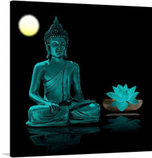  “Buddha Statue in Teal” is an exquisite piece that captures the tranquil elegance of a Buddha statue, rendered in a mesmerizing teal hue. The soft glow of a moon and the gentle presence of a teal lotus flower enhance the artwork, symbolizing purity and enlightenment. Every detail is meticulously crafted to transform your space into a sanctuary of relaxation. 