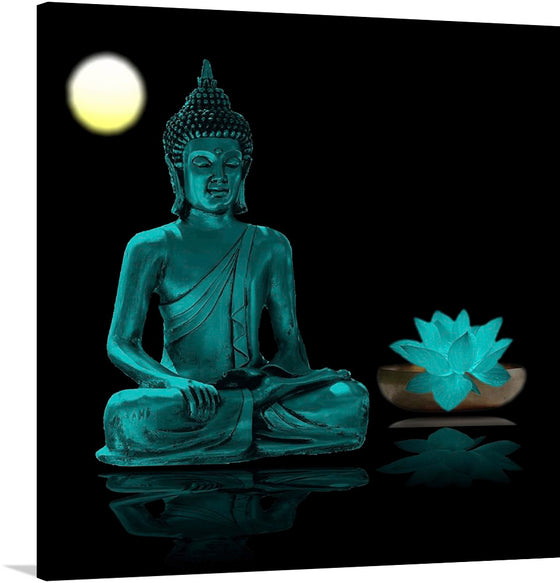 “Buddha Statue in Teal” is an exquisite piece that captures the tranquil elegance of a Buddha statue, rendered in a mesmerizing teal hue. The soft glow of a moon and the gentle presence of a teal lotus flower enhance the artwork, symbolizing purity and enlightenment. Every detail is meticulously crafted to transform your space into a sanctuary of relaxation. 