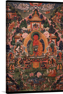  “Buddha Amitabha in His Pure Land of Sukhavati” is an exquisite print that captures the divine presence of Buddha Amitabha, surrounded by an ethereal landscape that seems to pulsate with life and energy. Every detail, from the intricate architectural designs to the vibrant hues that paint a story of enlightenment and peace, is a testament to masterful artistry.