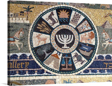  Immerse yourself in the intricate beauty of this stunning mosaic artwork, now available as a premium print. Every piece is a harmonious symphony of meticulously arranged, colorful tiles that together depict a mesmerizing array of symbols and imagery. The central motif, an elegantly rendered Menorah, is surrounded by twelve panels each showcasing distinct icons, reflecting rich historical and cultural narratives. 