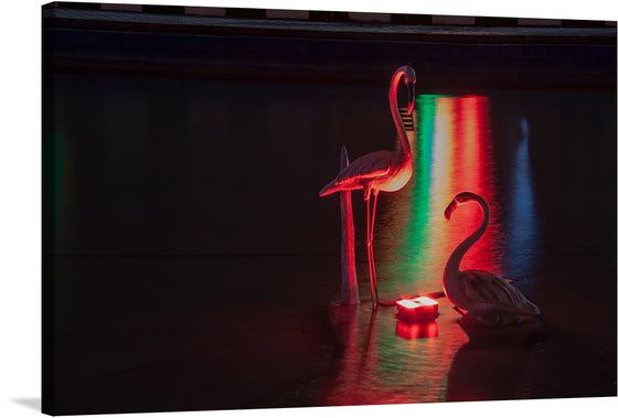 Immerse yourself in the enigmatic allure of this exquisite artwork, a visual symphony that marries the ethereal grace of two flamingos with a cascade of spectral light. Every detail is meticulously captured, from the elegant curvature of the flamingos’ necks to the mesmerizing dance of colors illuminating their poised silhouettes. 
