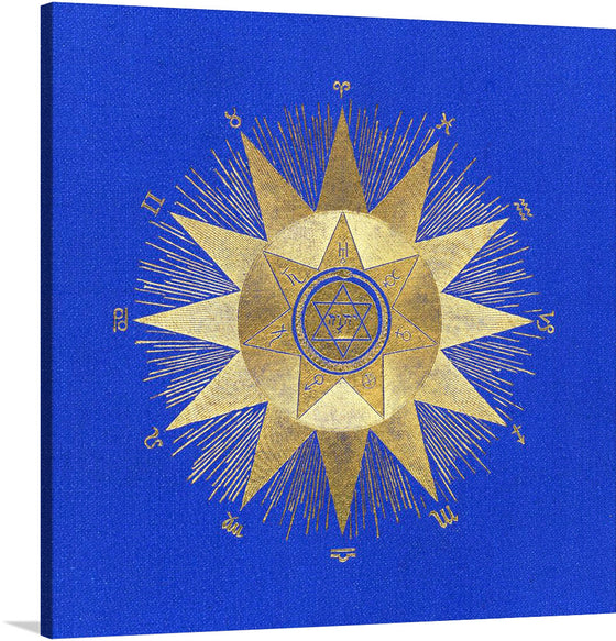 Immerse yourself in the mystical allure of this captivating artwork. This print, featuring a radiant golden starburst intricately detailed with enigmatic symbols, emerges powerfully against a deep blue backdrop. Each line and curve is meticulously crafted, weaving a narrative of mystery and cosmic energy.