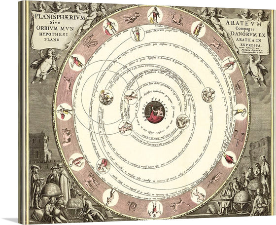 This artwork, titled “Planisphaerivm Aratevm sive Compages Orbivm Mvndanorvm ex hypothesi Aratea in plano expressa (ca. 1708)” by Andreas Cellarius, Peter Schenk, and Gerard Valck, is a stunning astronomical chart that captures the beauty of the cosmos in intricate detail. The concentric circles represent different celestial spheres, while the outer ring features various constellations depicted as mythological figures. 