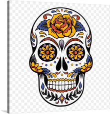  Immerse yourself in the vibrant and enigmatic energy of this exquisite art print, featuring a meticulously designed sugar skull. Every intricate detail, from the blooming golden rose that crowns the skull to the mesmerizing patterns that adorn its surface, is a celebration of life amidst mortality. 