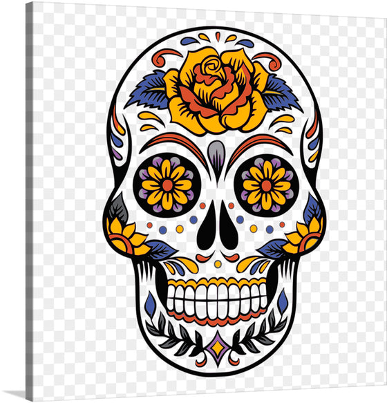 Immerse yourself in the vibrant and enigmatic energy of this exquisite art print, featuring a meticulously designed sugar skull. Every intricate detail, from the blooming golden rose that crowns the skull to the mesmerizing patterns that adorn its surface, is a celebration of life amidst mortality. 