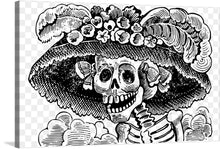  “La Calavera Catrina Illustration” is a mesmerizing black-and-white print that embodies the rich cultural tapestry of Dia de los Muertos. This iconic figure, adorned with an opulent hat brimming with intricate designs and floral elegance, serves as a bridge between the earthly and spiritual realms.