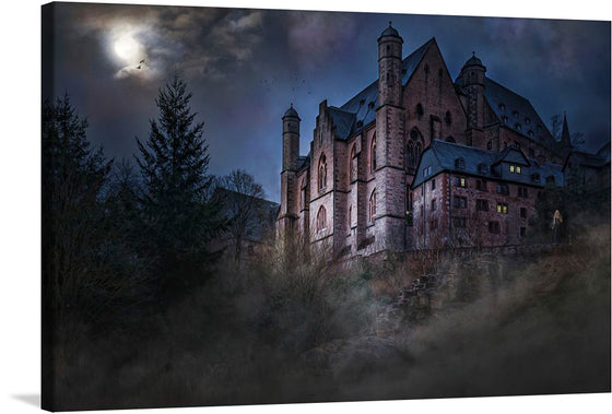 Immerse yourself in the enigmatic allure of this captivating print, “Eerie Elegance.” The artwork captures an old stone building, resembling a castle or mansion, bathed in the silvery glow of moonlight. The building’s multiple illuminated windows create a stark contrast with its dark exterior, while the surrounding bare trees add to its mysterious aura. A ghostly figure in the foreground enhances the supernatural theme. 