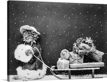  “Santa Cat” is a captivating artwork that encapsulates the whimsical and heartwarming spirit of the holiday season. In this monochromatic masterpiece, a charming cat adorned in Santa’s iconic attire pulls a sled brimming with beautifully wrapped gifts against a backdrop of gently falling snow.