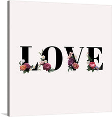  This print, featuring the word “LOVE” in a black serif font, is a charming addition to any space. Each letter is beautifully adorned with colorful flowers in shades of pink, red, and purple, with green leaves adding a touch of freshness. 