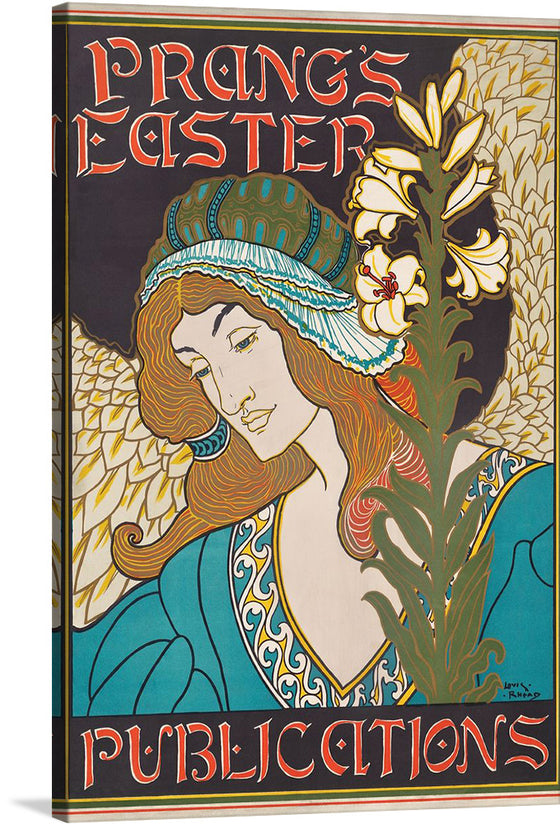 This exquisite print titled “Prang’s Easter Publications” by Louis Rhead encapsulates the spirit of Easter with its intricate design and vibrant colors. The artwork features elaborate floral designs that are intricately detailed and richly colored, set against a muted background. The top part has bold lettering spelling out “Prang’s Easter”, while the bottom part reads “Publications”. 