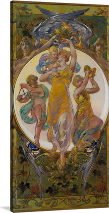  “Easter Greetings” is a stunning print that captures the essence of Easter. The print features a group of cherubs dancing around a woman in a yellow dress. The painting is in an Art Nouveau style, with intricate and colorful designs on the eggs. The background is a detailed floral pattern in shades of green and gold, framed by two columns with a blue bird perched on top. This print would make a great addition to any art collection, adding a touch of elegance and whimsy to your decor.