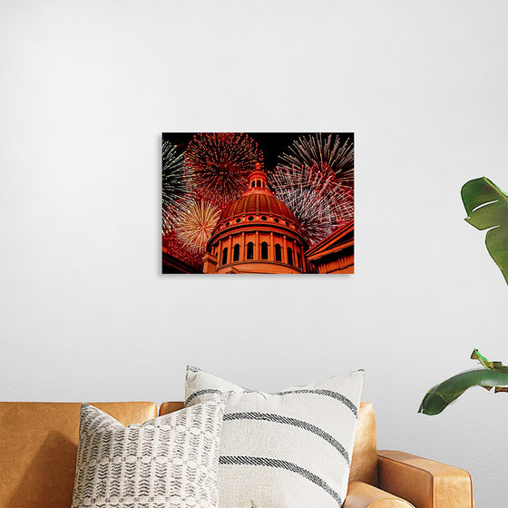 "Fireworks above courthouse building, USA"