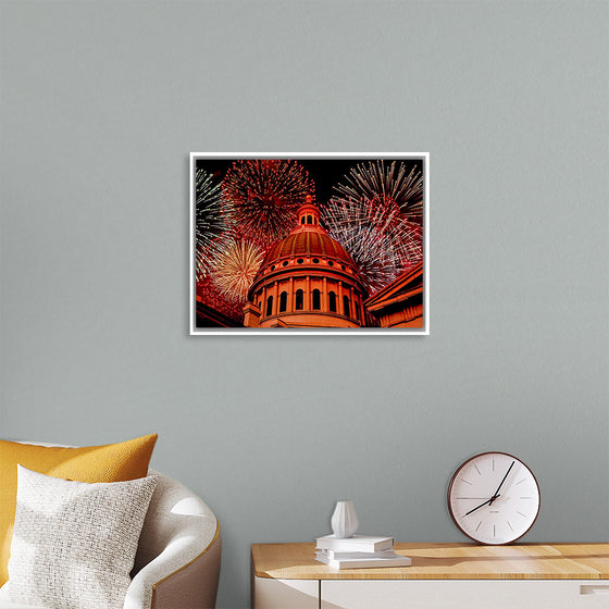 "Fireworks above courthouse building, USA"