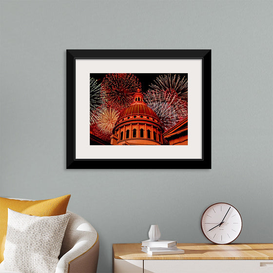 "Fireworks above courthouse building, USA"