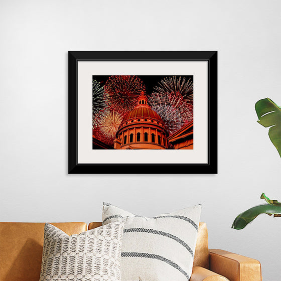 "Fireworks above courthouse building, USA"