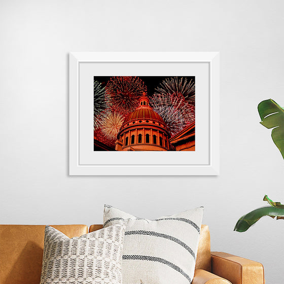 "Fireworks above courthouse building, USA"