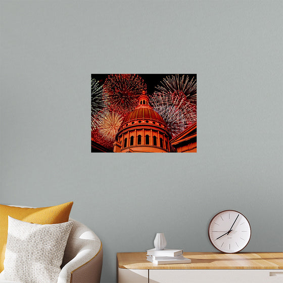 "Fireworks above courthouse building, USA"