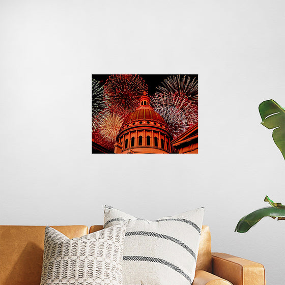 "Fireworks above courthouse building, USA"