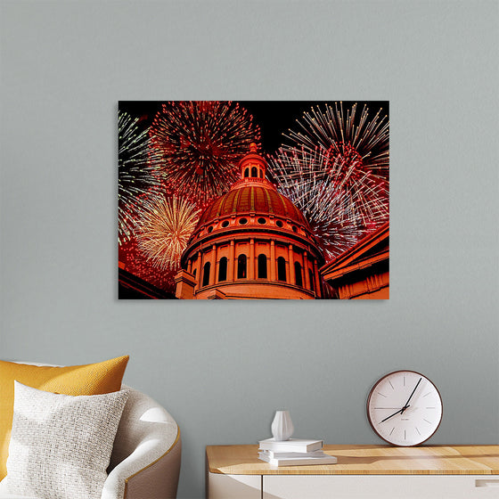 "Fireworks above courthouse building, USA"