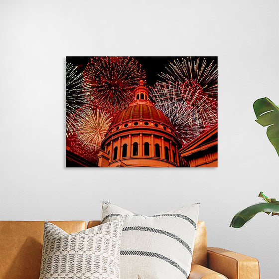 "Fireworks above courthouse building, USA"