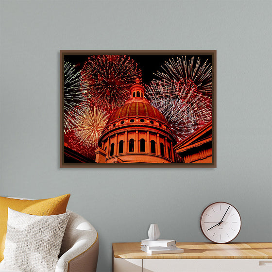 "Fireworks above courthouse building, USA"