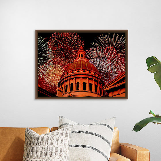 "Fireworks above courthouse building, USA"