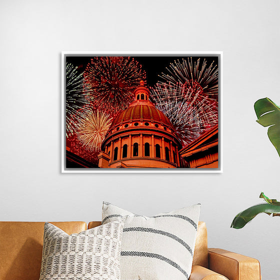 "Fireworks above courthouse building, USA"