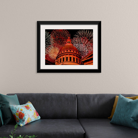 "Fireworks above courthouse building, USA"