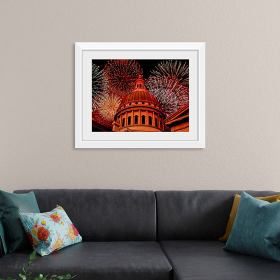 "Fireworks above courthouse building, USA"