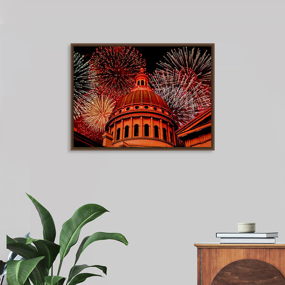 "Fireworks above courthouse building, USA"