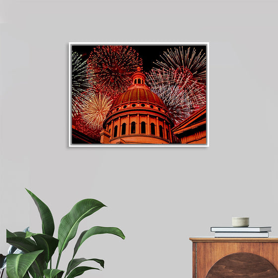 "Fireworks above courthouse building, USA"