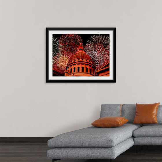 "Fireworks above courthouse building, USA"