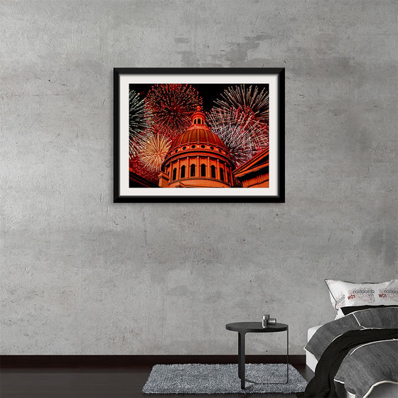 "Fireworks above courthouse building, USA"