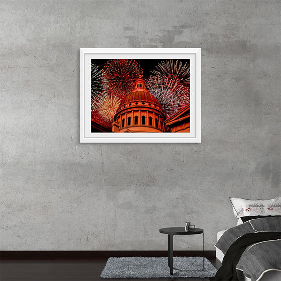 "Fireworks above courthouse building, USA"