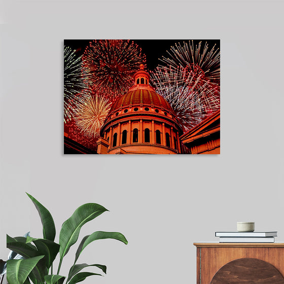 "Fireworks above courthouse building, USA"