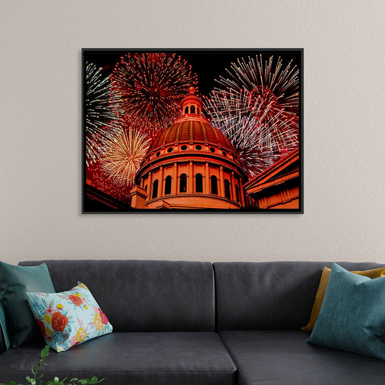 "Fireworks above courthouse building, USA"