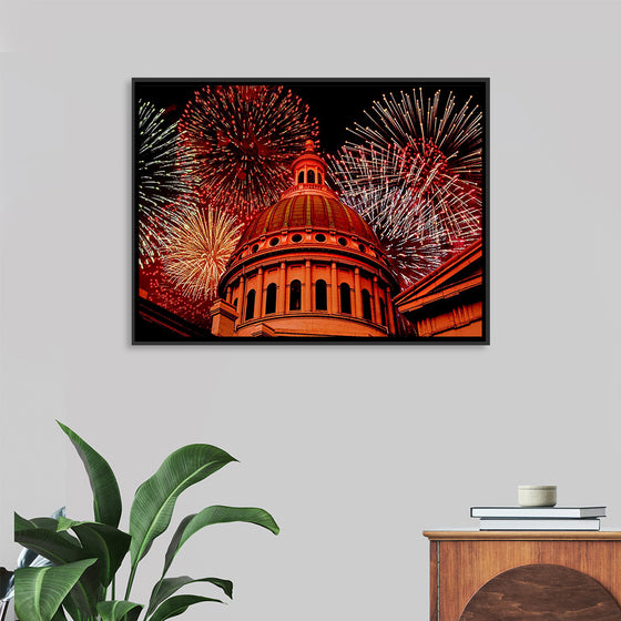 "Fireworks above courthouse building, USA"