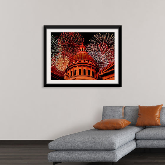 "Fireworks above courthouse building, USA"