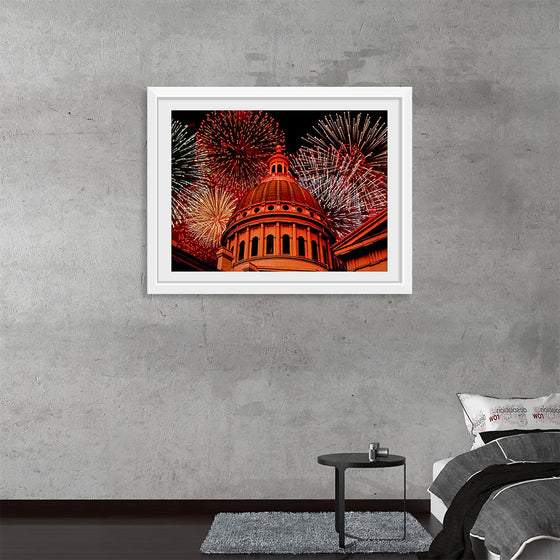 "Fireworks above courthouse building, USA"