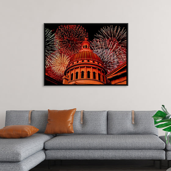 "Fireworks above courthouse building, USA"