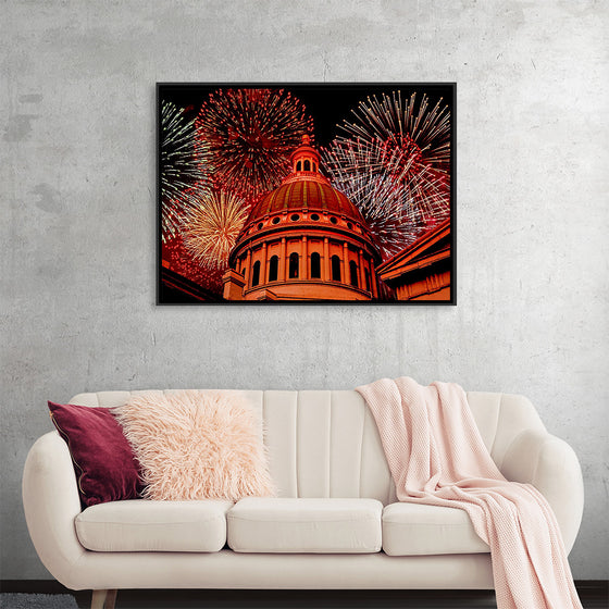 "Fireworks above courthouse building, USA"