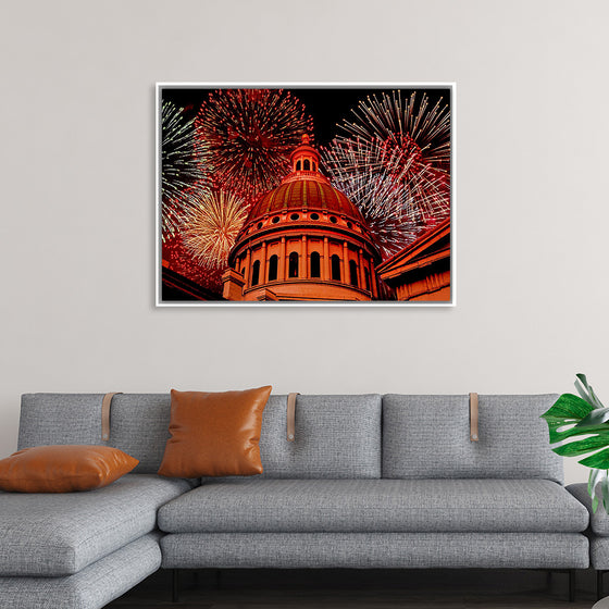 "Fireworks above courthouse building, USA"