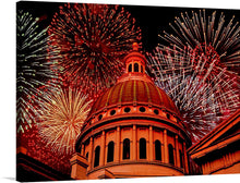  “Fireworks above courthouse building, USA” is a stunning print that captures the excitement and beauty of a fireworks display over a courthouse building in the USA.