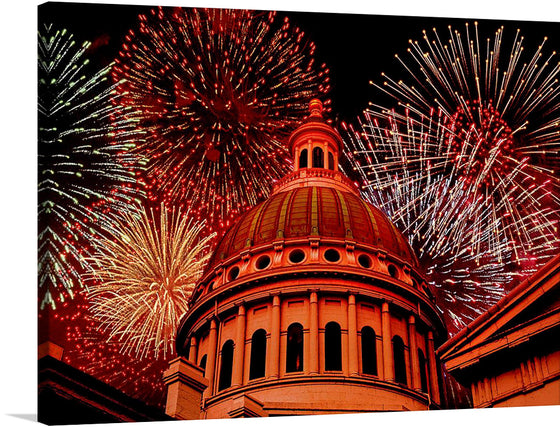 “Fireworks above courthouse building, USA” is a stunning print that captures the excitement and beauty of a fireworks display over a courthouse building in the USA.