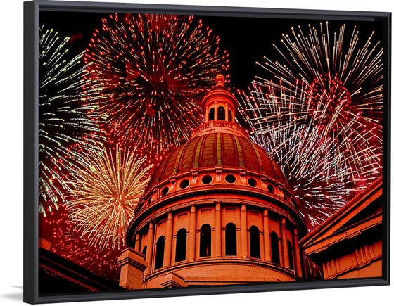 "Fireworks above courthouse building, USA"