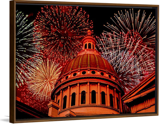 "Fireworks above courthouse building, USA"